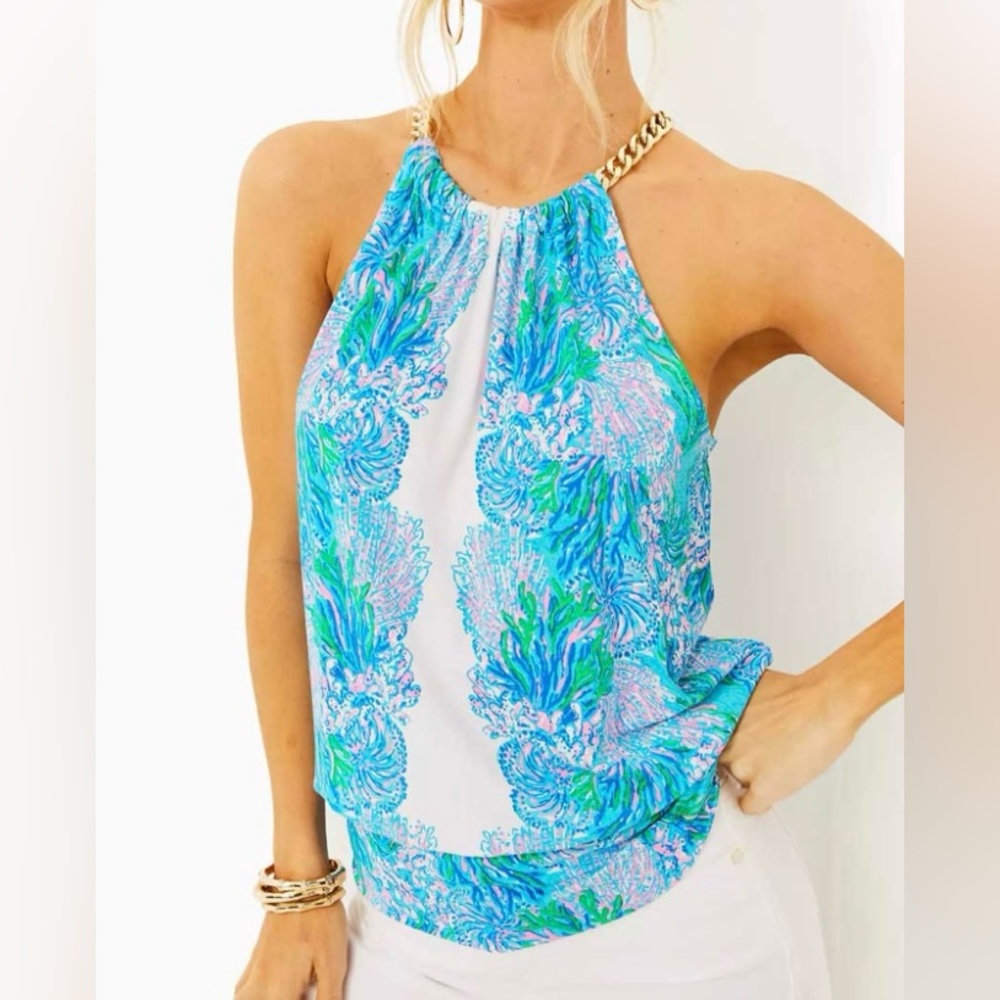Lilly Pulitzer Bowen Halter Top in Olas Aqua Strong Sea Current Print